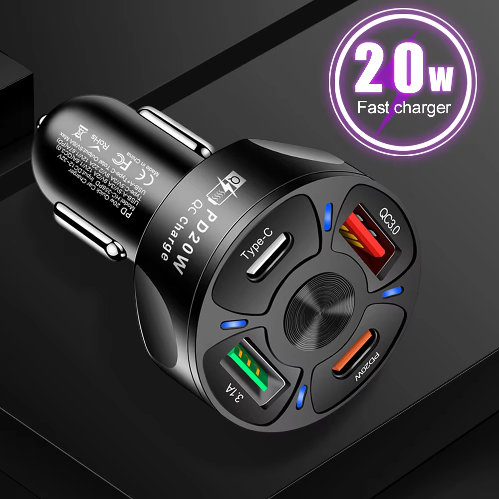 Custom Dual 4 Port Car Charger Fast Charging 20w Mini Pd Car Charger for Phone Usb C Car Charger Adapter Quick 3.0
