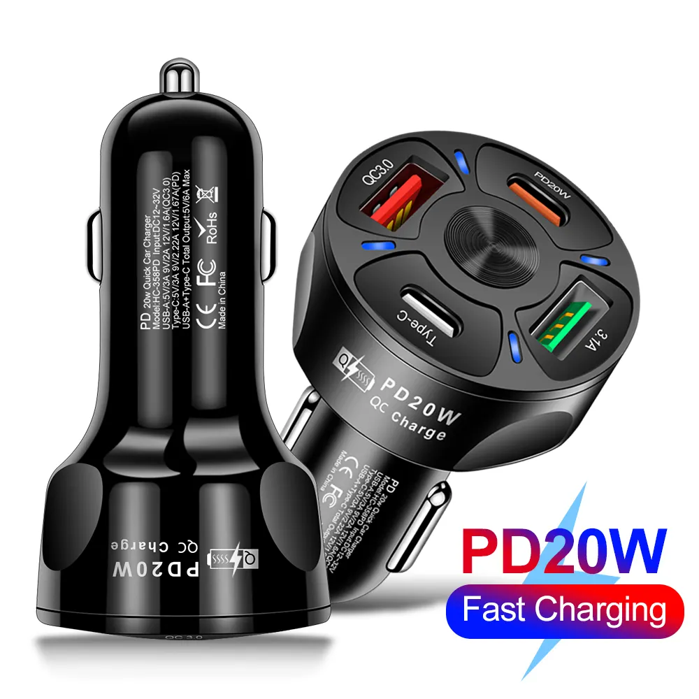 Custom Dual 4 Port Car Charger Fast Charging 20w Mini Pd Car Charger for Phone Usb C Car Charger Adapter Quick 3.0