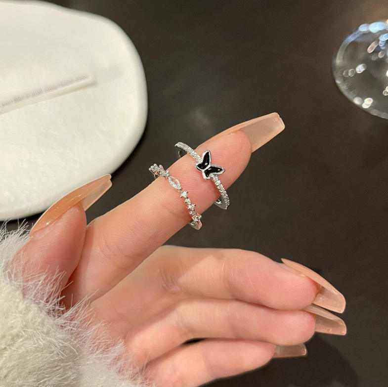 Double Layer Simple Black Butterfly Hipster Personality Cool Wind Ring Sets
