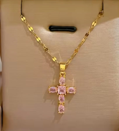 Classical Cross Pendant Necklace – Crossl Pendant for Women golden. Sparkling Pink Stone Pendant with Delicate Link Chain – Religious Jewellery Gift