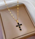 Classical Cross Pendant Necklace – Crossl Pendant for Women golden. Sparkling Black Stone Pendant with Delicate Link Chain – Religious Jewellery Gift