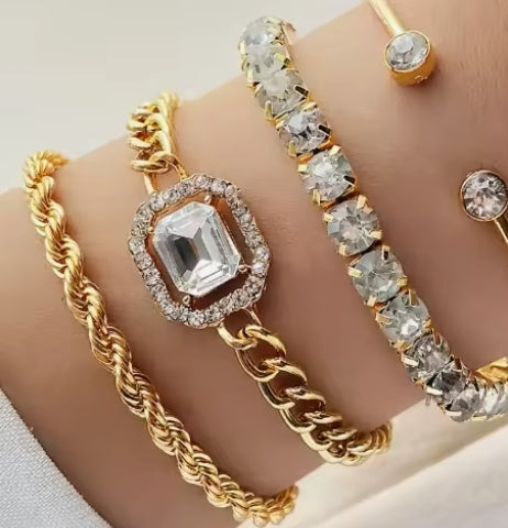 4 Piece Gold Bracelet Set for Women – Adjustable Crystal Charm Stackable Bracelets