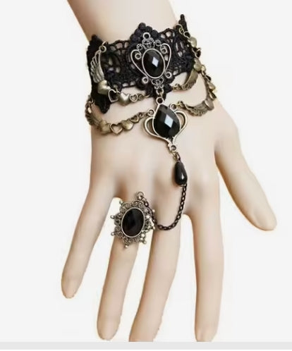 Women’s Black Lace Sexy Vintage Lace Bracelet with ring – golden Tone Bracelet