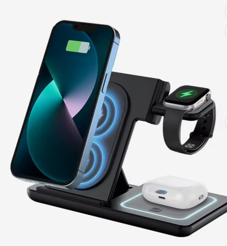 3-in-1 Wireless Charging Station for iPhone, Apple Watch & AirPods – Fast Charging Dock – Black