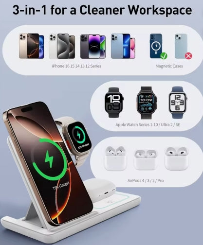 3-in-1 Wireless Charging Station for iPhone, Apple Watch & AirPods – Fast Charging Dock – Black