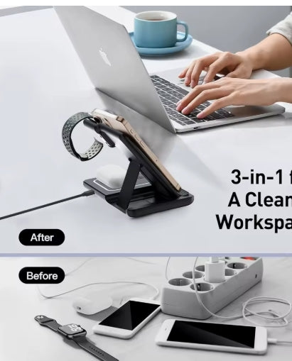 3-in-1 Wireless Charging Station for iPhone, Apple Watch & AirPods – Fast Charging Dock – Black
