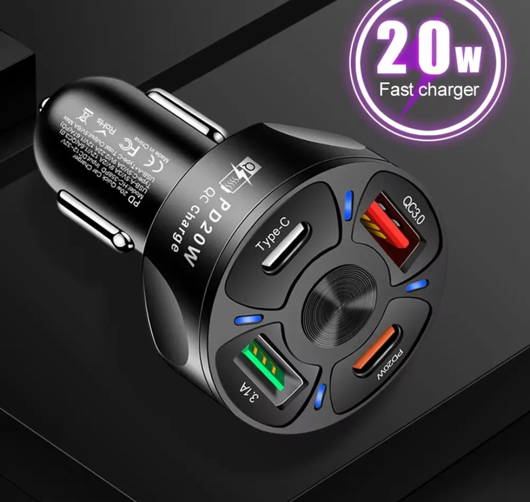 20W USB-C PD Fast Car Charger | 4 Port USB & Type-C QC 3.0 Car Phone Charger Adapter