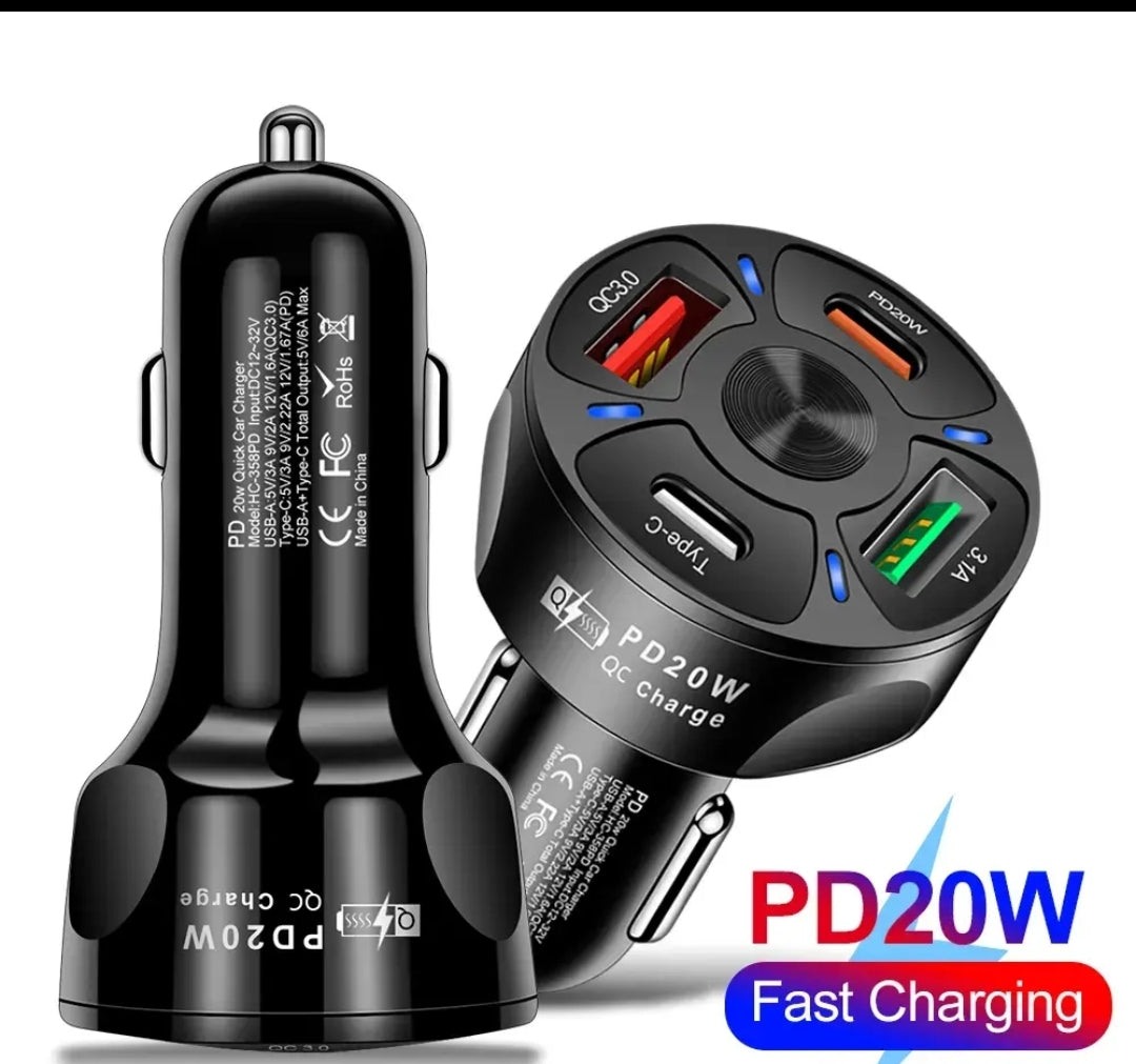 20W USB-C PD Fast Car Charger | 4 Port USB & Type-C QC 3.0 Car Phone Charger Adapter