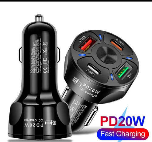 20W USB-C PD Fast Car Charger | 4 Port USB & Type-C QC 3.0 Car Phone Charger Adapter